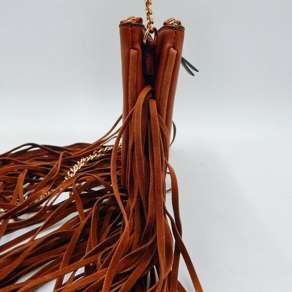 Aldo Brown Fringed Crossbody Bag Zippered Chain Faux Leather 8 Inch Boho - Picture 13 of 14